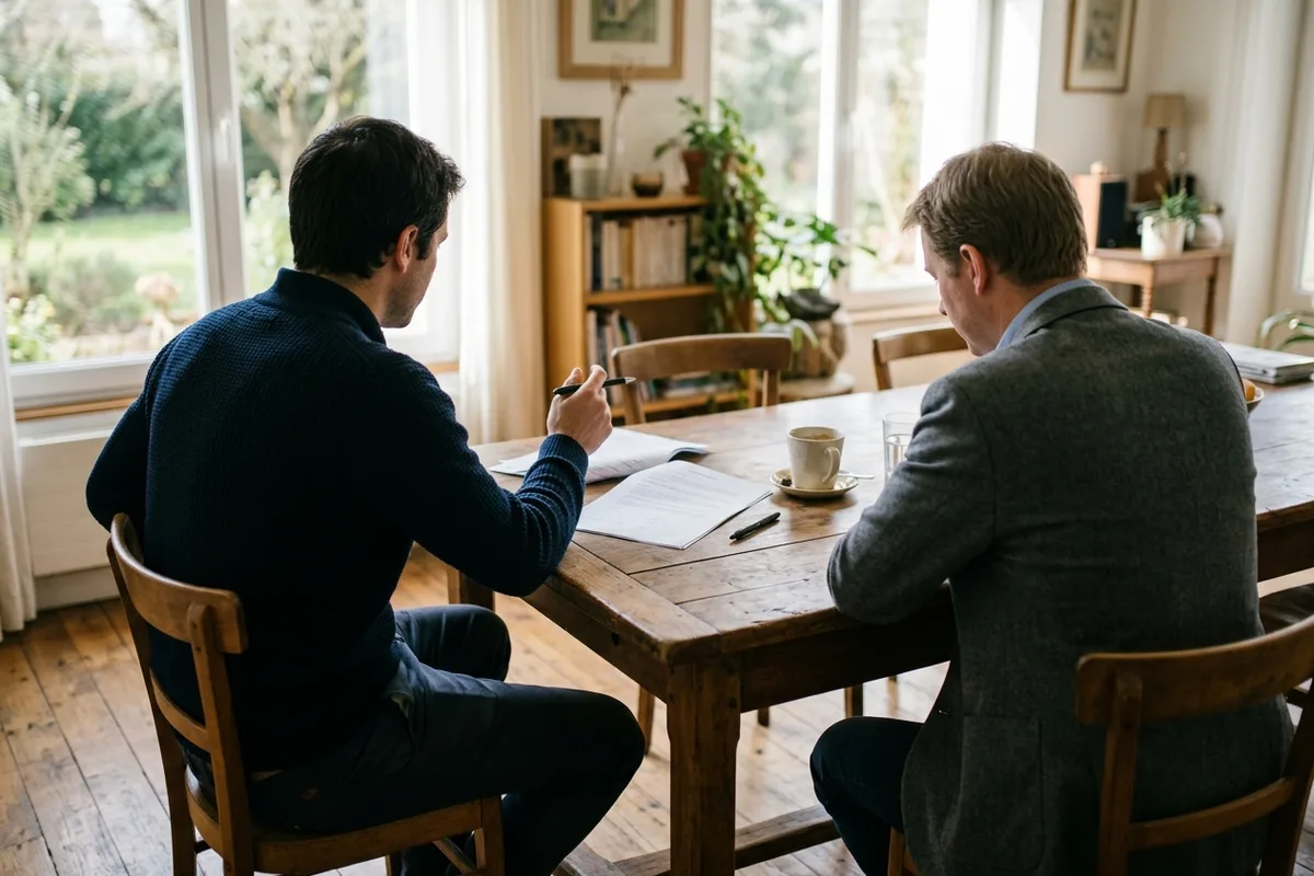 Deux personnes à une table, un contrat de plusieurs pages posé entre elles
