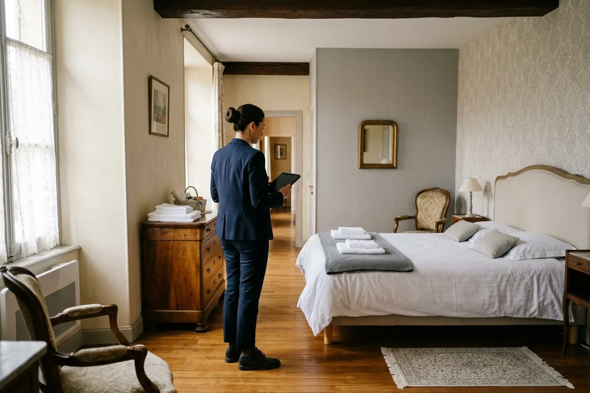 Une gérante de conciergerie vérifie une chambre prête, tablette à la main
